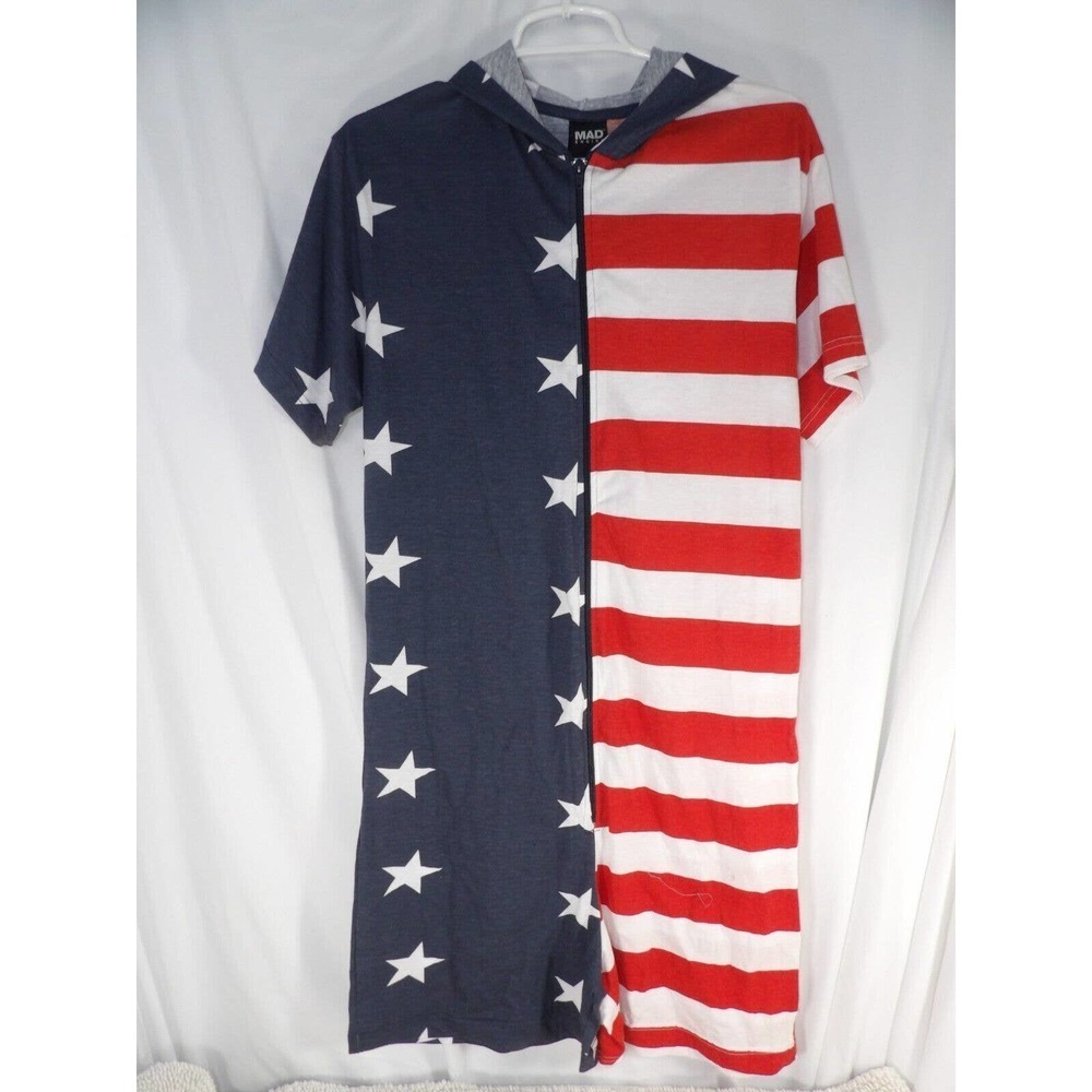 Mad Engine Mens Multicolor USA Flag Hooded Full Zip One Piece Romper Size Medium